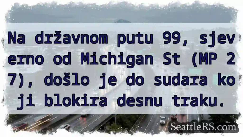Sudar na državnom putu 99. Blokira desnu traku.