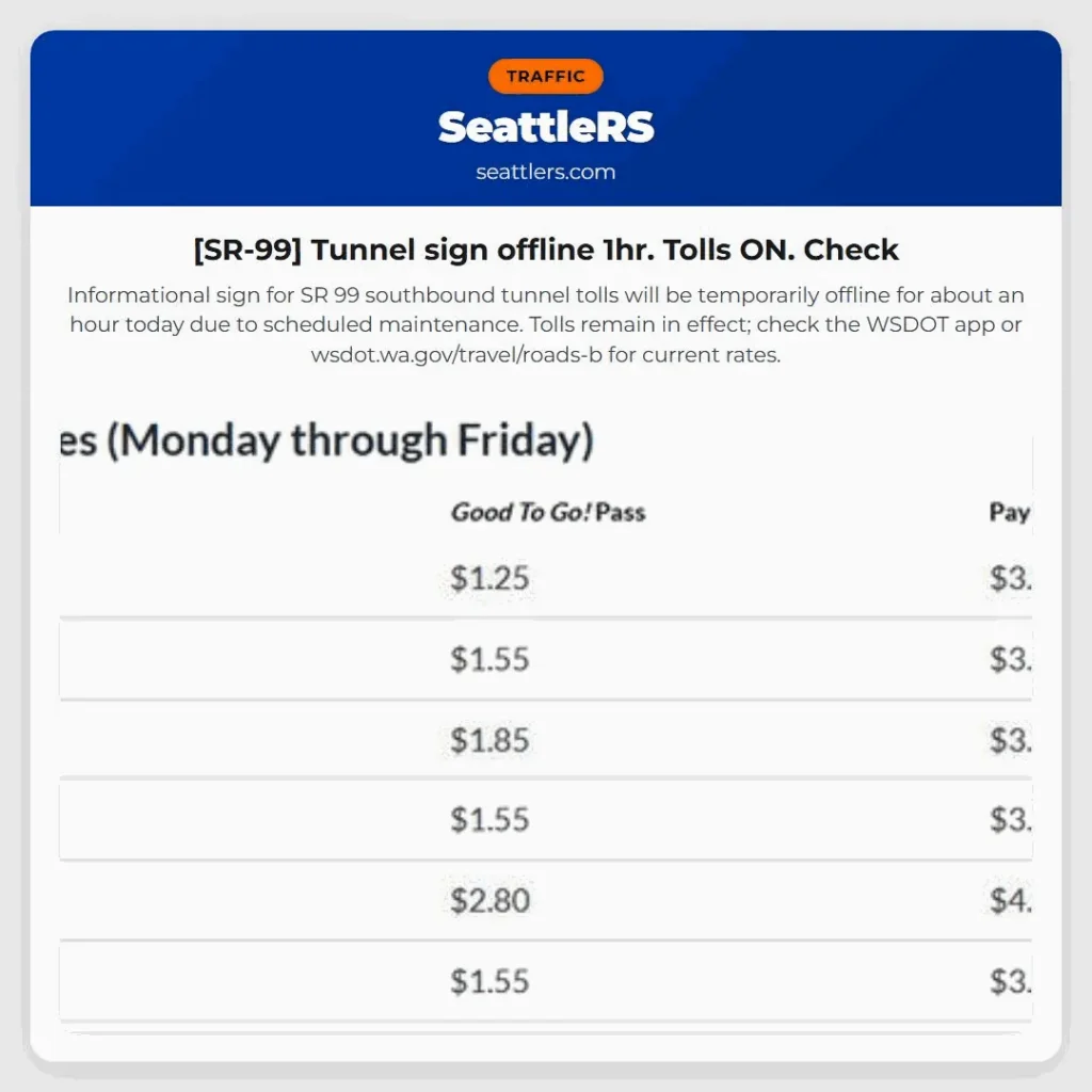 [SR-99] Tunnel sign offline 1hr. Tolls ON. Check