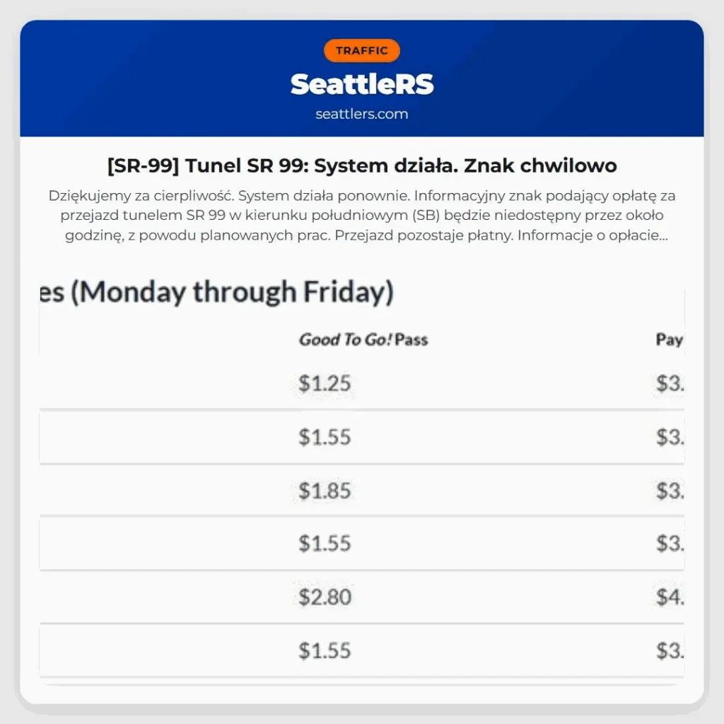 [SR-99] Tunel SR 99: System działa. Znak chwilowo