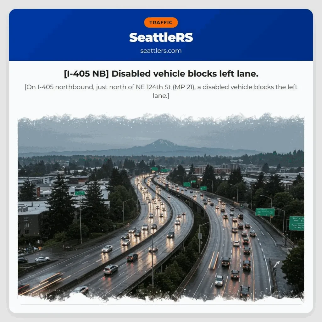 [I-405 NB] Disabled vehicle blocks left lane.