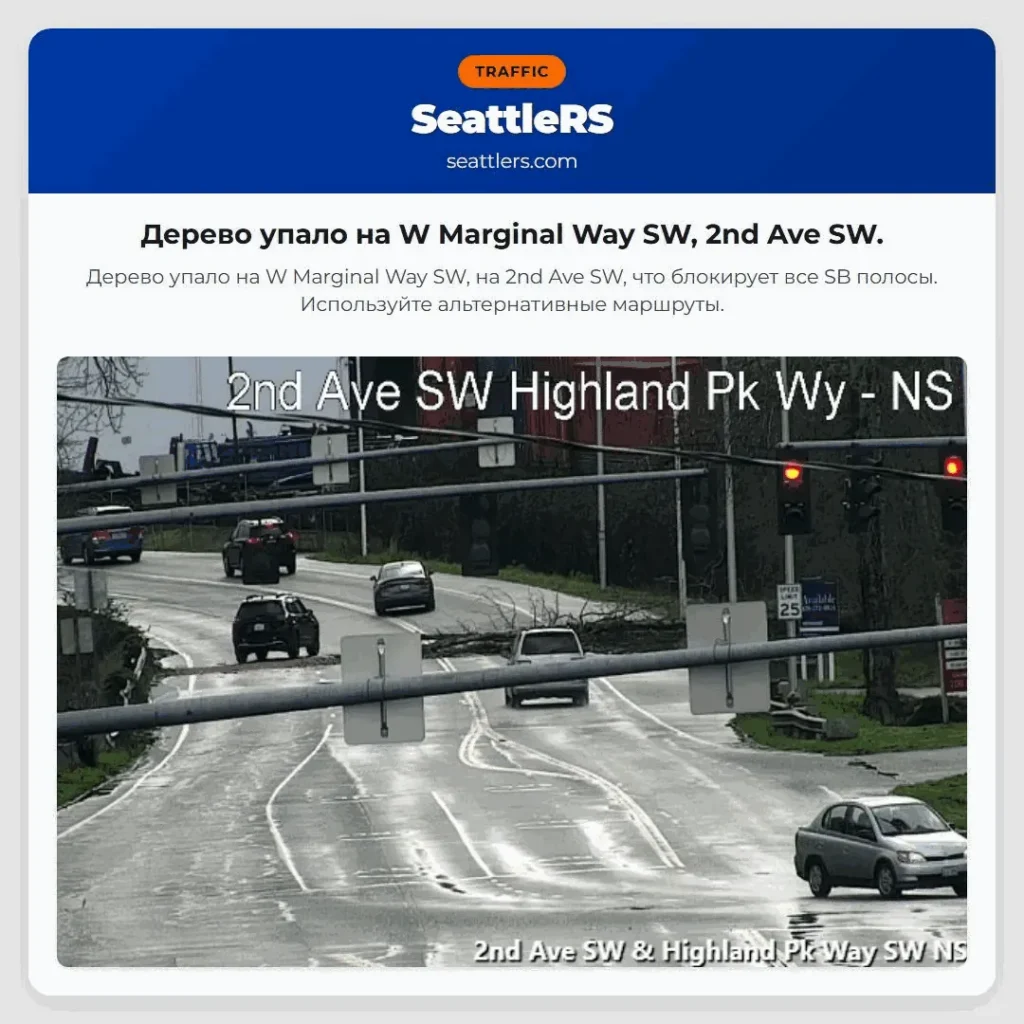 Дерево упало на W Marginal Way SW, 2nd Ave SW.