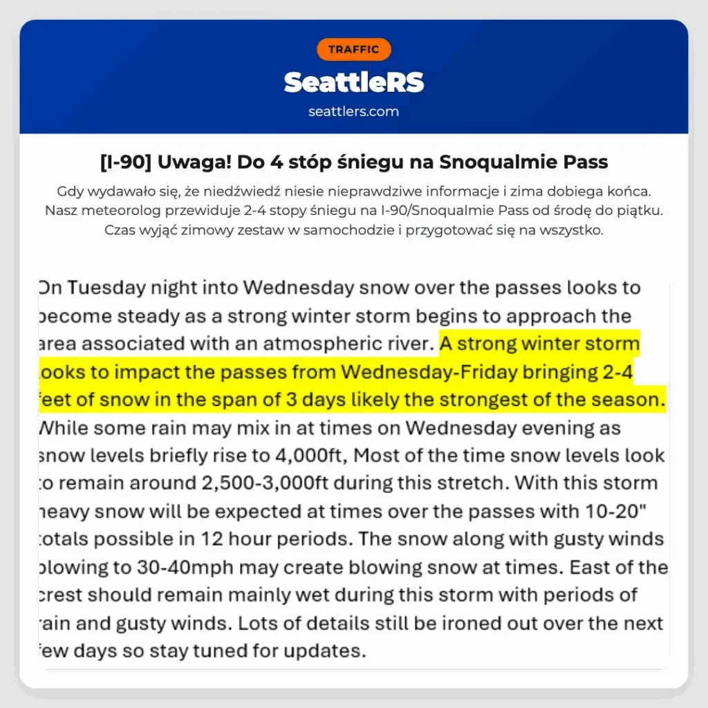 [I-90] Uwaga! Do 4 stóp śniegu na Snoqualmie Pass