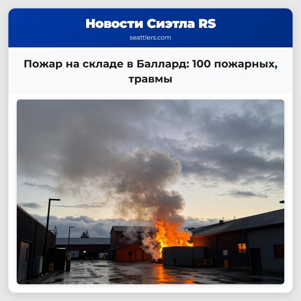 Пожар на складе в Баллард: 100 пожарных, травмы